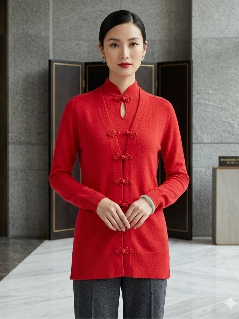 Shanghai Tang Red Cashmere/Wool Knit Sweater Set Mandarin Collar Twinset